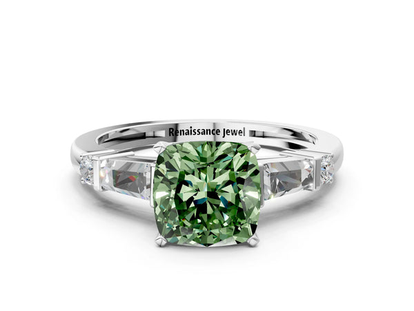 White gold Fancy Green Cushion  Cut Diamond Ring with Baguette Side Stones, Channel Set Band, and Four-Prong Setting