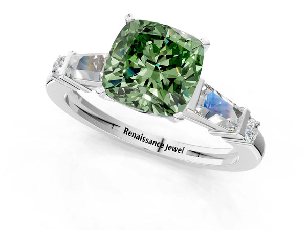White gold Fancy Green Cushion  Cut Diamond Ring with Baguette Side Stones, Channel Set Band, and Four-Prong Setting