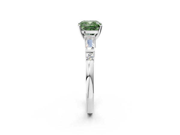 White gold Fancy Green Cushion  Cut Diamond Ring with Baguette Side Stones, Channel Set Band, and Four-Prong Setting