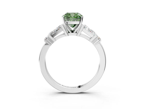 White gold Fancy Green Cushion  Cut Diamond Ring with Baguette Side Stones, Channel Set Band, and Four-Prong Setting