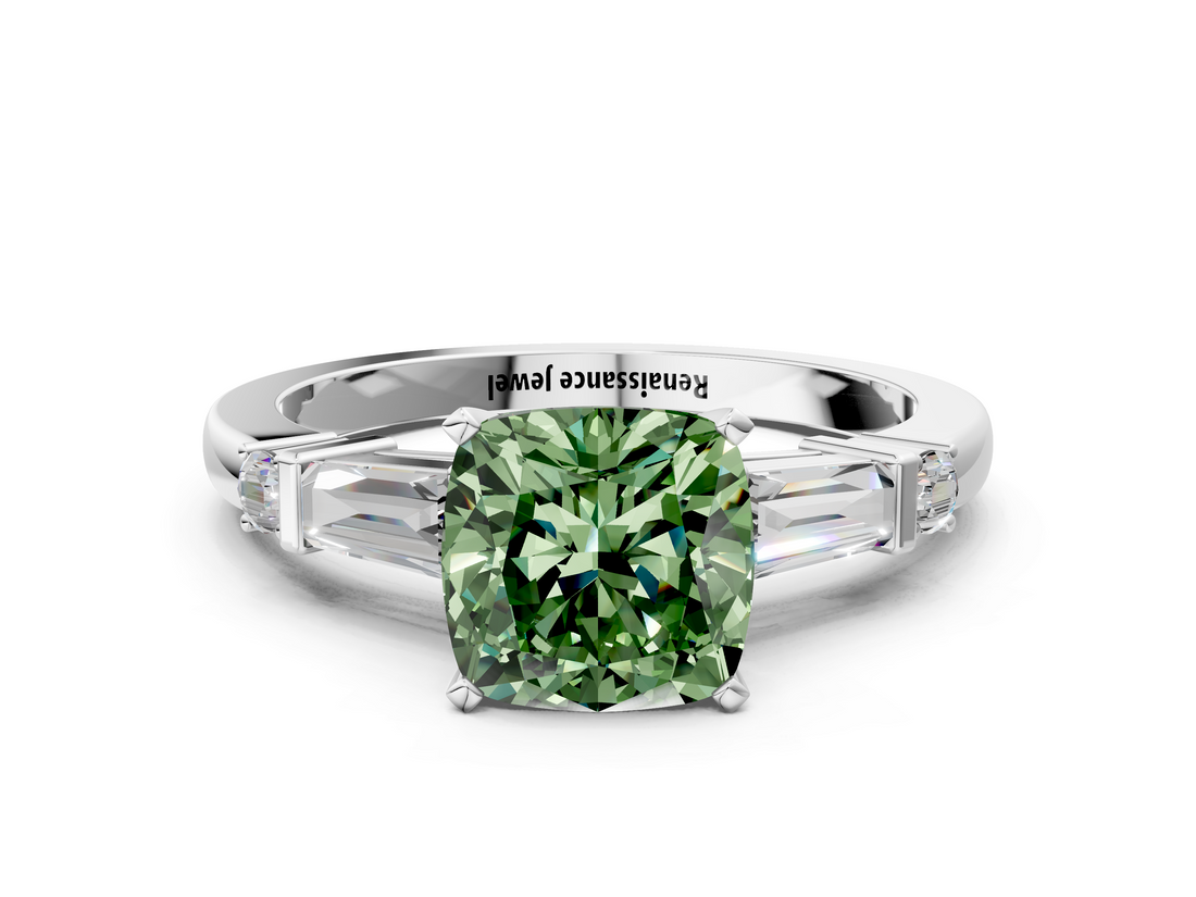 White gold Fancy Green Cushion  Cut Diamond Ring with Baguette Side Stones, Channel Set Band, and Four-Prong Setting_3