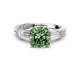 White gold Fancy Green Cushion  Cut Diamond Ring with Baguette Side Stones, Channel Set Band, and Four-Prong Setting_3