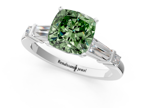 White gold Fancy Green Cushion  Cut Diamond Ring with Baguette Side Stones, Channel Set Band, and Four-Prong Setting