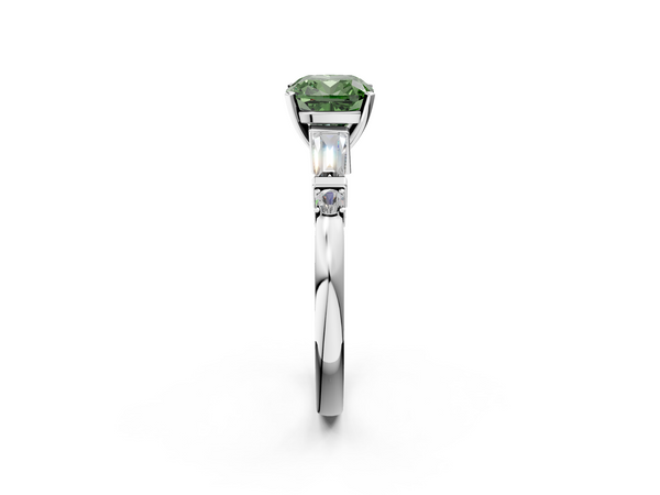 White gold Fancy Green Cushion  Cut Diamond Ring with Baguette Side Stones, Channel Set Band, and Four-Prong Setting