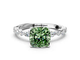White gold Fancy Green Cushion Cut Diamond Ring with Marquise and Round  Side Stones and Four-Prong Setting_81