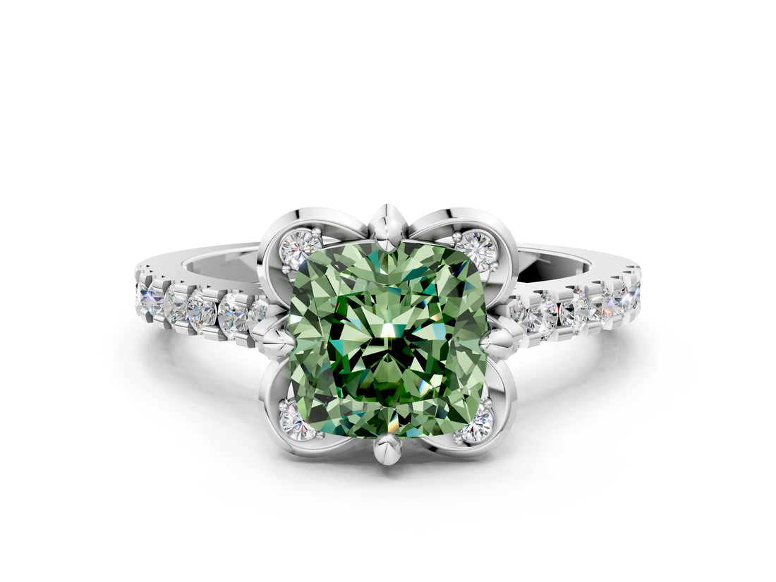 White gold Fancy Green Cushion Cut Diamond Ring with Pavé Band and Floral Prong Setting_39