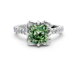 White gold Fancy Green Cushion Cut Diamond Ring with Pavé Band and Floral Prong Setting_39