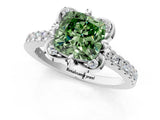 White gold Fancy Green Cushion Cut Diamond Ring with Pavé Band and Floral Prong Setting_40