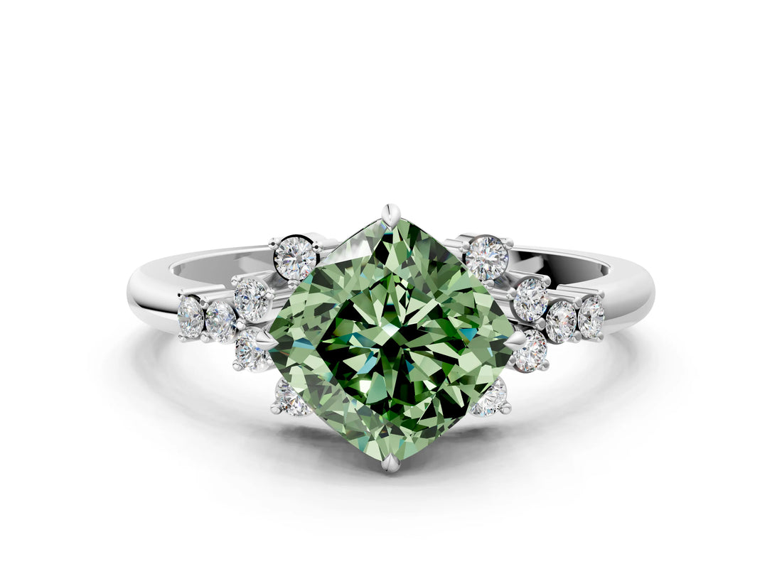 White gold Fancy Green Cushion Cut Diamond Ring with Side Stones and Four-Prong Setting_116