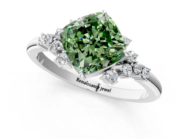Platinum Fancy Green Cushion Cut Diamond Ring with Side Stones and Four-Prong Setting
