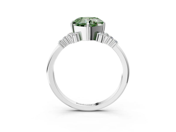 Platinum Fancy Green Cushion Cut Diamond Ring with Side Stones and Four-Prong Setting