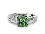 White gold Fancy Green Cushion  Cut Diamond Ring with Tapered Baguette Side Stones in Four-Prong Setting_3