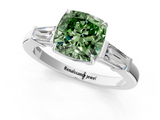 White gold Fancy Green Cushion  Cut Diamond Ring with Tapered Baguette Side Stones in Four-Prong Setting_4