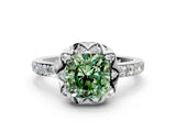 White gold Fancy Green Cushion Cut Diamond Scalloped Halo Engagement Ring with Round Shared Prong Band_13