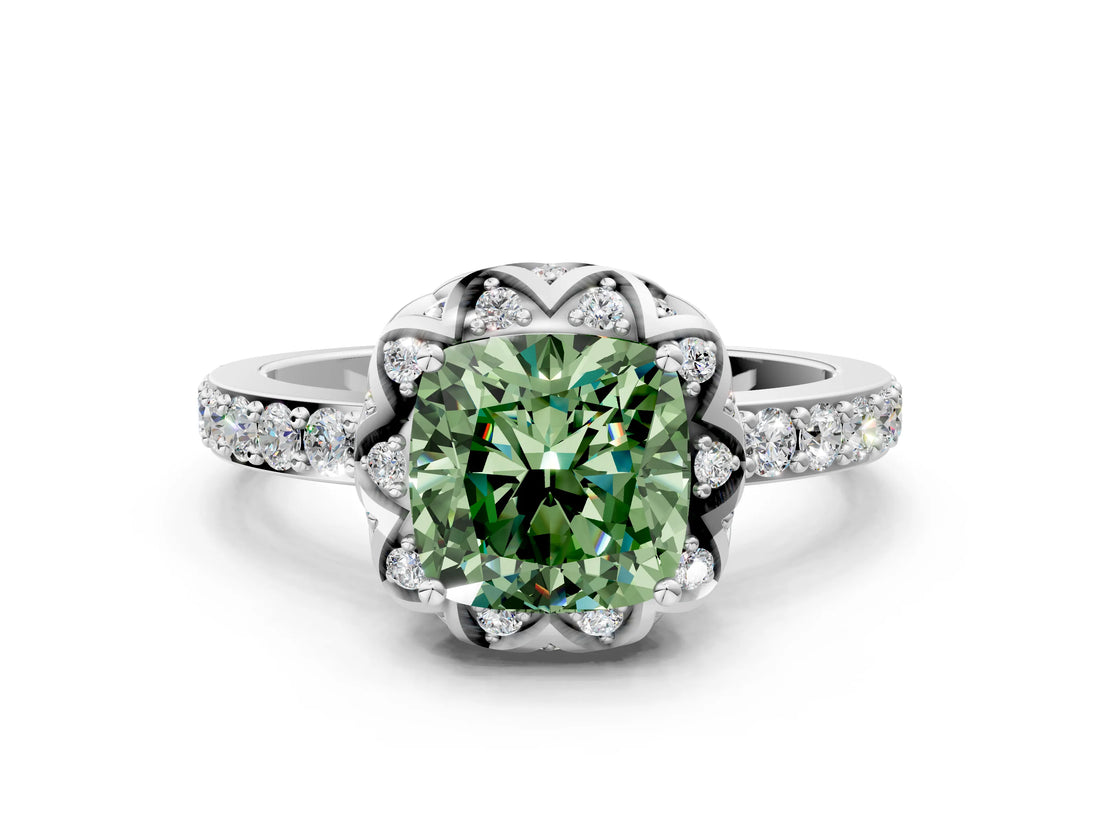 White gold Fancy Green Cushion Cut Diamond Scalloped Halo Engagement Ring with Round Shared Prong Band_19
