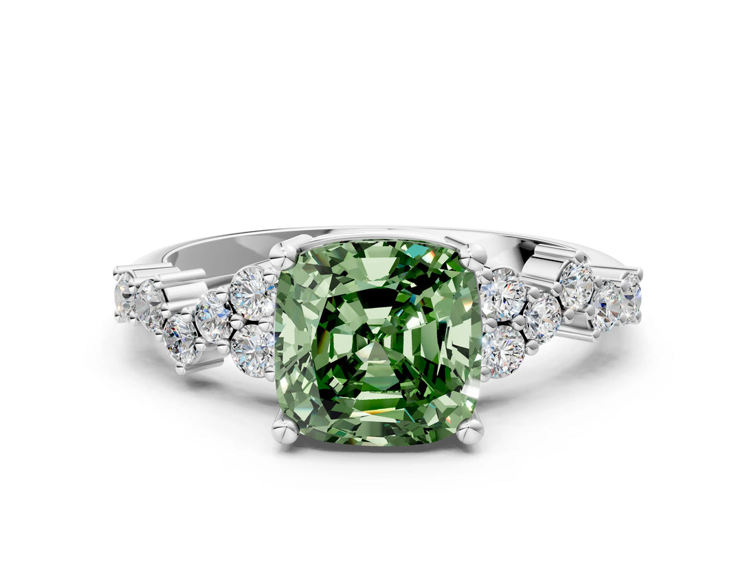 White gold Fancy Green Cushion Cut Diamond Scattered Round Accent Ring with Prong Setting_12