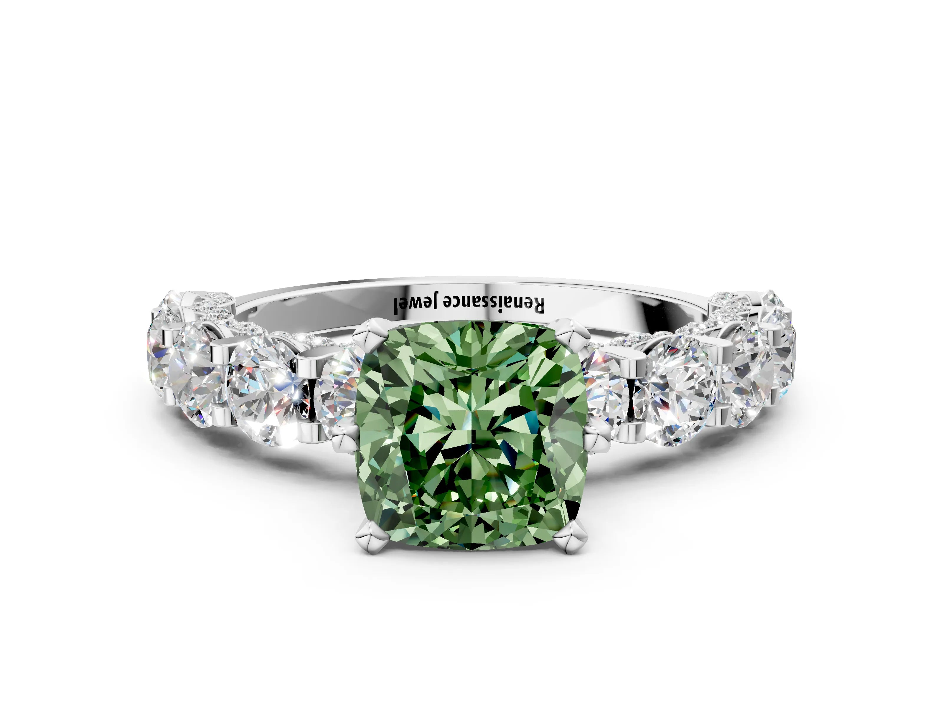 White gold Fancy Green Cushion Cut Diamond Side Stone Engagement Ring with Four-Prong Setting_24