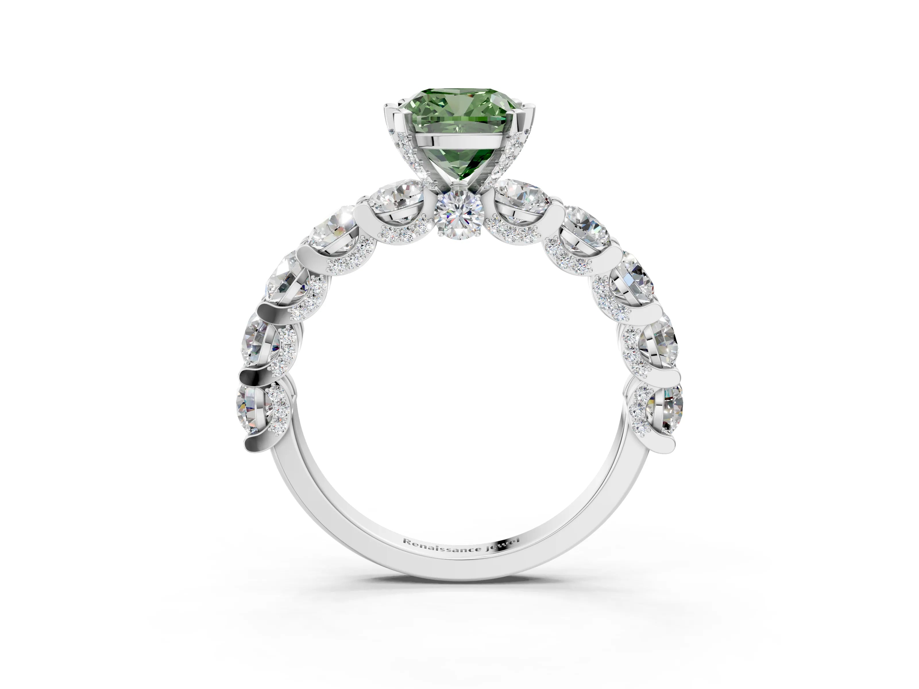 White gold Fancy Green Cushion Cut Diamond Side Stone Engagement Ring with Four-Prong Setting_27