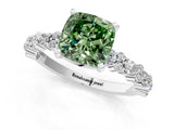 White gold Fancy Green Cushion Cut Diamond Side Stone Solitaire Ring with Round  and Four-Prong Setting_121