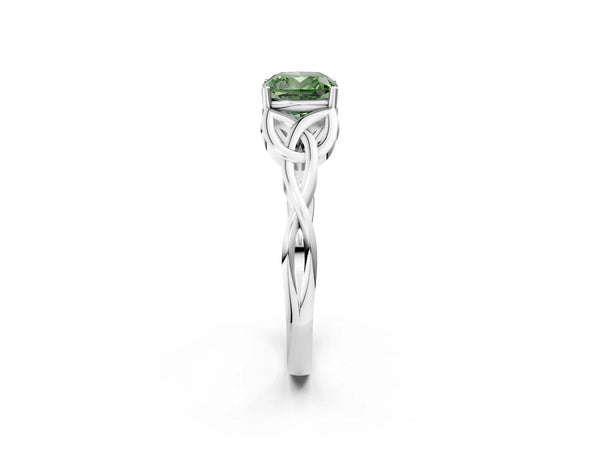 Platinum Fancy Green Cushion Cut Diamond Solitaire Celtic Knot Ring with Four-Prong Setting
