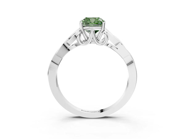 Platinum Fancy Green Cushion Cut Diamond Solitaire Celtic Knot Ring with Four-Prong Setting