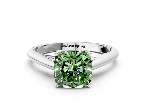 Platinum Fancy Green Cushion Cut Diamond Solitaire Engagement Ring with Cathedral Setting and Four-Prong Mount