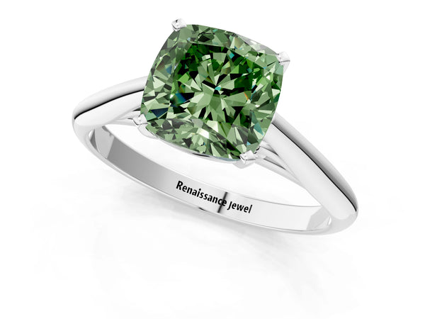 Platinum Fancy Green Cushion Cut Diamond Solitaire Engagement Ring with Cathedral Setting and Four-Prong Mount