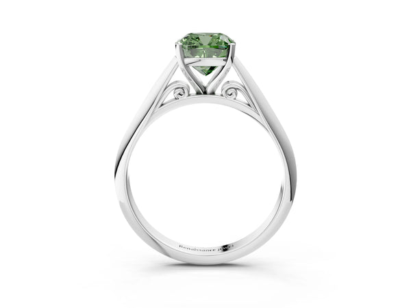 Platinum Fancy Green Cushion Cut Diamond Solitaire Engagement Ring with Cathedral Setting and Four-Prong Mount