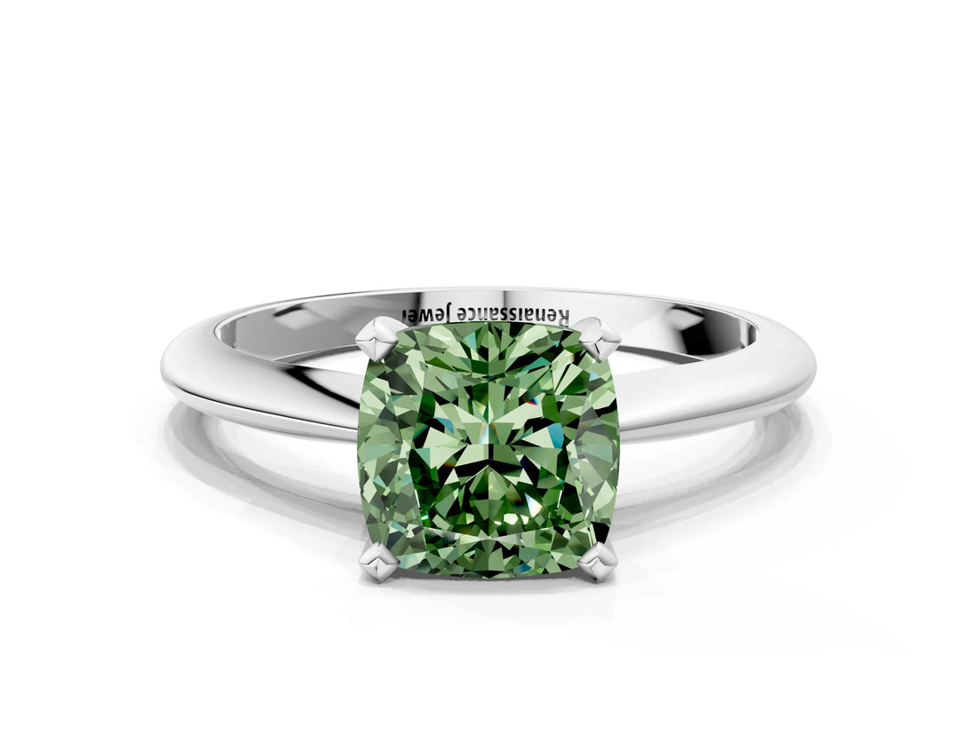White gold Fancy Green Cushion Cut Diamond Solitaire Engagement Ring with Classic Band and Four-Prong Setting_145