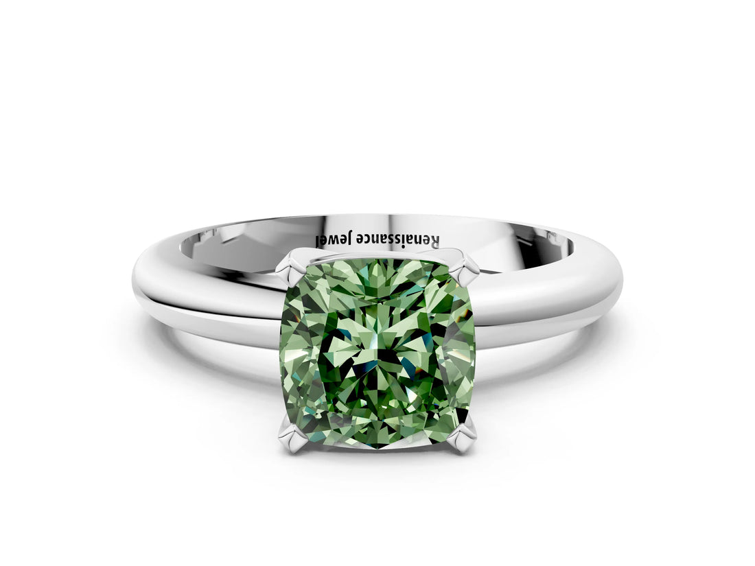 White gold Fancy Green Cushion Cut Diamond Solitaire Engagement Ring with Round Band and Four-Prong Setting_166