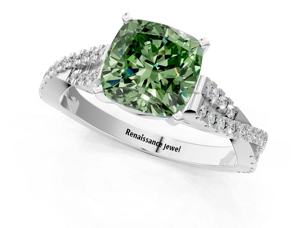 Platinum Fancy Green Cushion Cut Diamond Solitaire Engagement Ring with Twisted Pavé Band and Four-Prong Setting