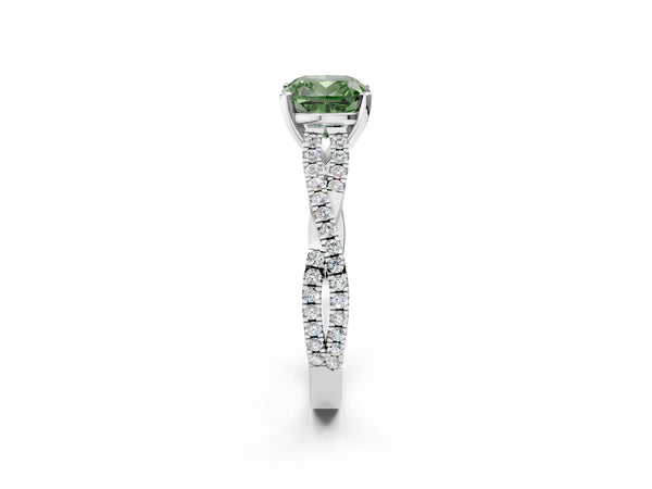 Platinum Fancy Green Cushion Cut Diamond Solitaire Engagement Ring with Twisted Pavé Band and Four-Prong Setting