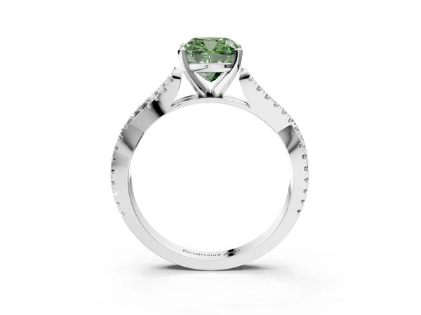 Platinum Fancy Green Cushion Cut Diamond Solitaire Engagement Ring with Twisted Pavé Band and Four-Prong Setting