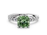 White gold Fancy Green Cushion Cut Diamond Solitaire Pavé Engagement Ring with Round Band and Prong Setting_63