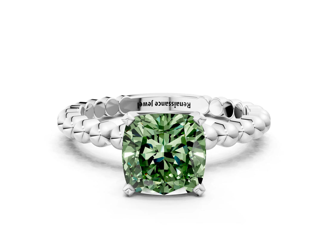 White gold Fancy Green Cushion Cut Diamond Solitaire Ring with Beaded Band and Prong Setting_408
