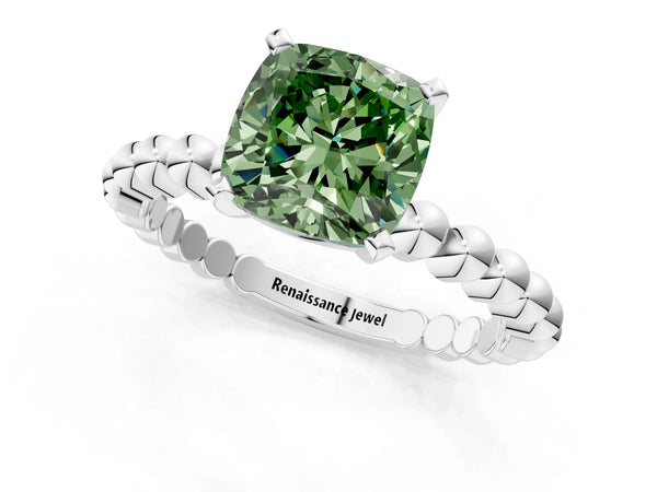 White gold Fancy Green Cushion Cut Diamond Solitaire Ring with Beaded Band and Prong Setting