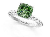 White gold Fancy Green Cushion Cut Diamond Solitaire Ring with Beaded Band and Prong Setting_410