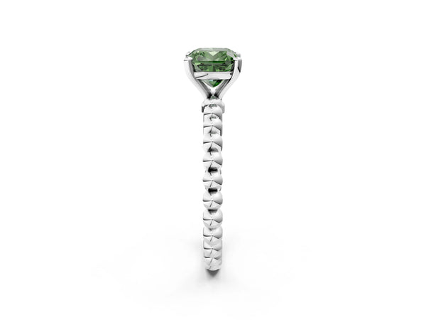 White gold Fancy Green Cushion Cut Diamond Solitaire Ring with Beaded Band and Prong Setting