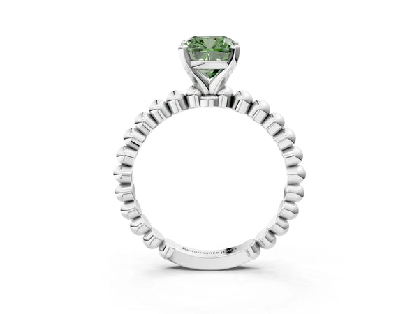 White gold Fancy Green Cushion Cut Diamond Solitaire Ring with Beaded Band and Prong Setting