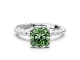 White gold Fancy Green Cushion Cut Diamond Solitaire Ring with Beaded Band and Prong Setting_421