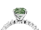 White gold Fancy Green Cushion Cut Diamond Solitaire Ring with Beaded Band and Prong Setting_425