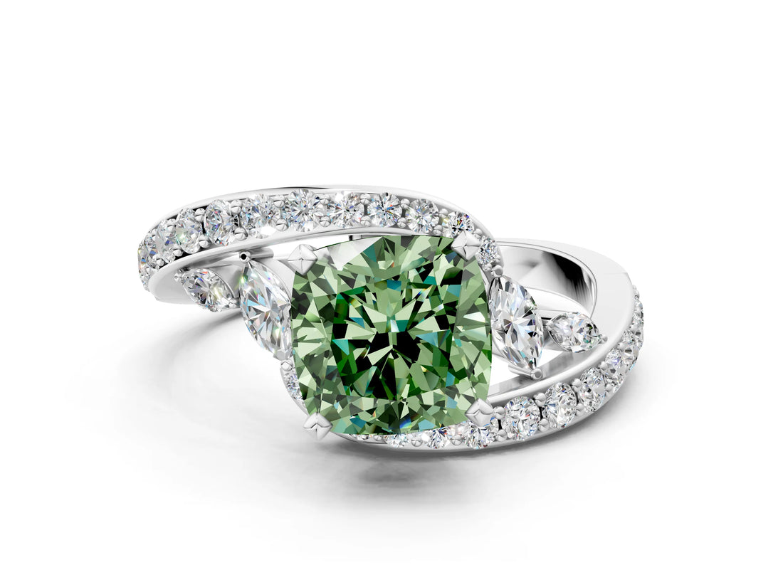 White gold Fancy Green Cushion Cut Diamond Solitaire Ring with Filigree Band and Four-Prong Setting_41