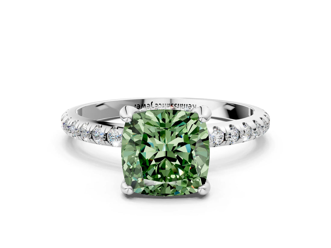 White gold Fancy Green Cushion Cut Diamond Solitaire Ring with Four-Prong Setting and Pavé Band_3