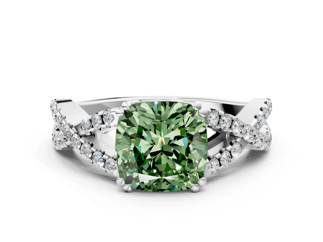 White gold Fancy Green Cushion Cut Diamond Solitaire Ring with Four-Prong Setting and Twisted Pavé Band_68