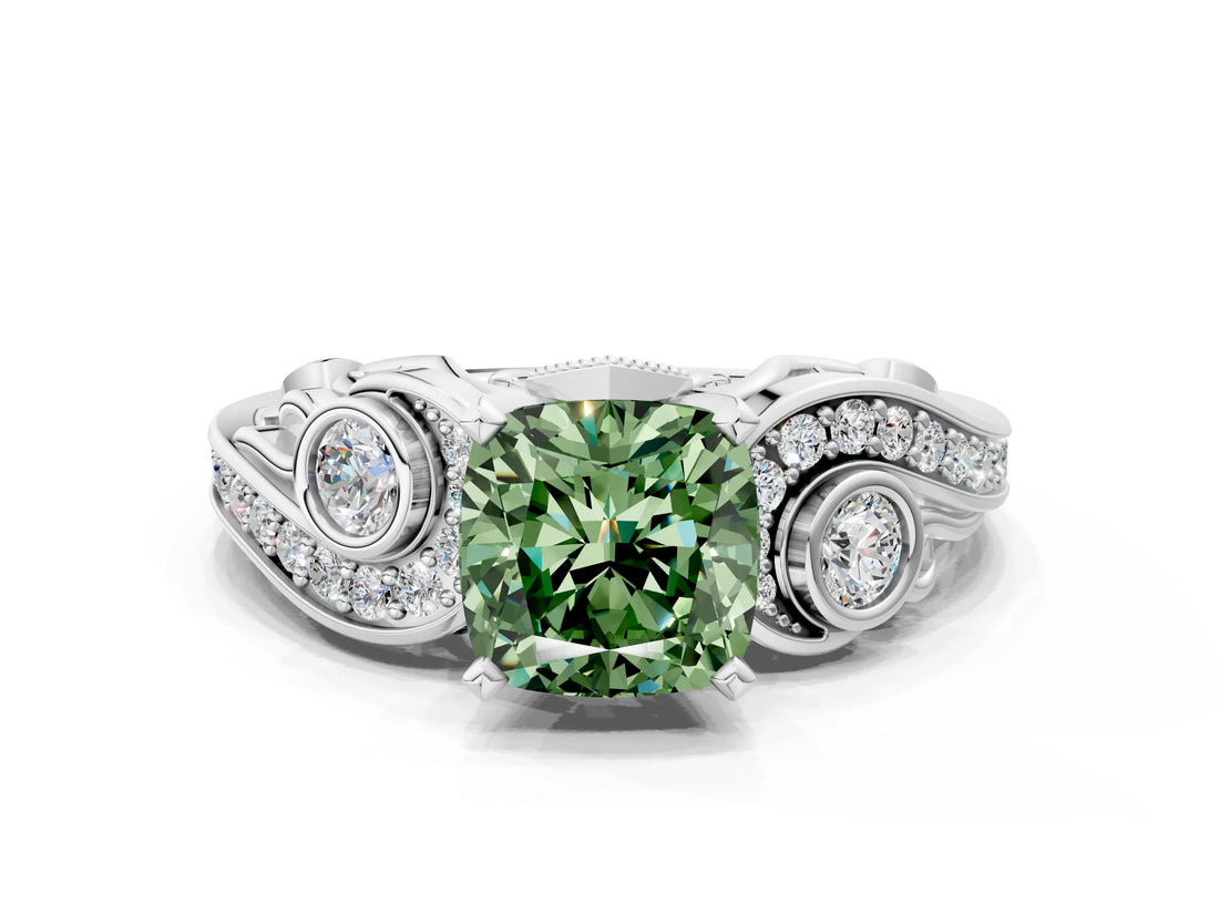 White gold Fancy Green Cushion Cut Diamond Solitaire Ring with Milgrain Pavé Band and Four-Prong Setting_273