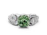 White gold Fancy Green Cushion Cut Diamond Solitaire Ring with Milgrain Pavé Band and Four-Prong Setting_273