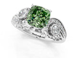 White gold Fancy Green Cushion Cut Diamond Solitaire Ring with Milgrain Pavé Band and Four-Prong Setting_274
