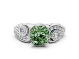 White gold Fancy Green Cushion Cut Diamond Solitaire Ring with Milgrain Pavé Band and Four-Prong Setting_285