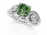 White gold Fancy Green Cushion Cut Diamond Solitaire Ring with Milgrain Pavé Band and Four-Prong Setting_286