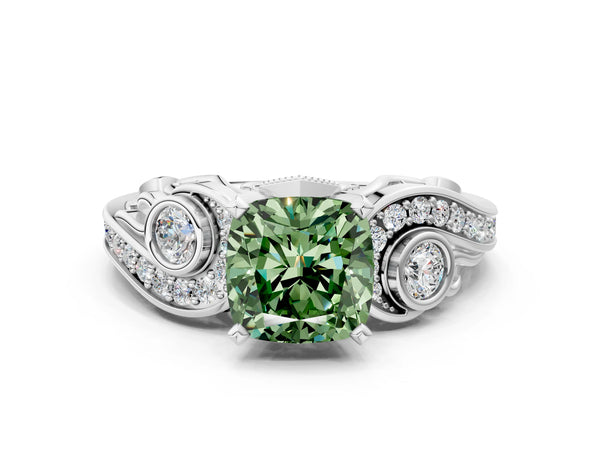 Platinum Fancy Green Cushion Cut Diamond Solitaire Ring with Milgrain Pavé Band and Four-Prong Setting